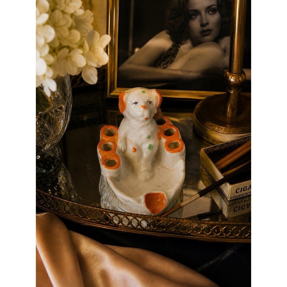 VTG Kitsch White Orange Dog Porcelain Ashtray Trinket Holds 6 Smokes Japan 1940s